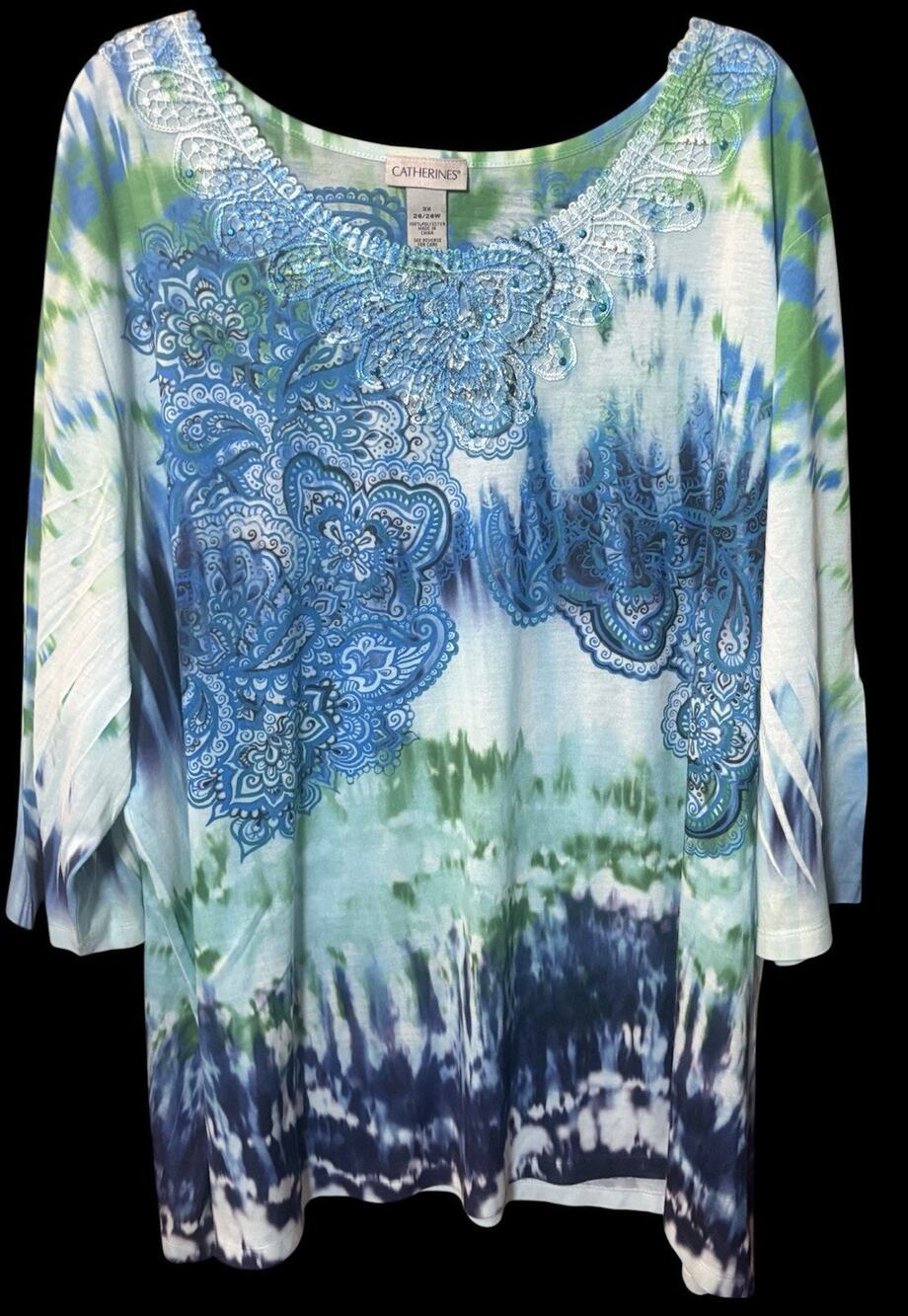 Catherines Colorful Tie Dye Floral Knit Top with Rhinestones 3/4 Sleeves Size 3X